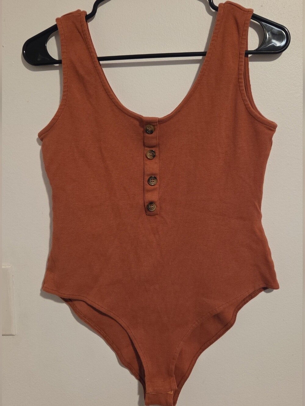 Women's Ribbed Bodysuit with Button Front in Rust